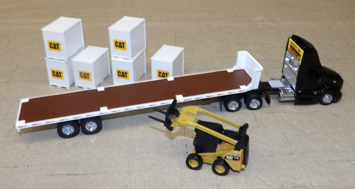 #84675 1/64 Black Peterbilt 579 with Flatbed Trailer, Cat 272D Skid Steer Loader & Pallet Boxes