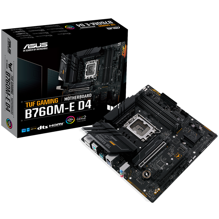 ASUS MB TUF GAMING B760M-E D4  B760, LGA1700,  4xDDR4, 2PCI-Ex16, 4SATA3, 7.1-ch, 2.5GLAN, 6 USB 3.2, 1 USB Type-C, HDMI, DP, mATX, - product photo