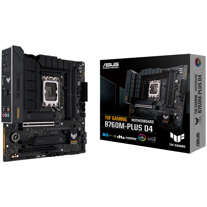 ASUS TUF GAMING B760M-PLUS D4 LGA1700 mATX gaming MB - Intel B760 4xDIMM DDR4 2xM.2 4xSATA PCIe 5.0 2.5Gb Ethernet 1xDisplayPort 1xHDMI with Aura Sync support - product photo