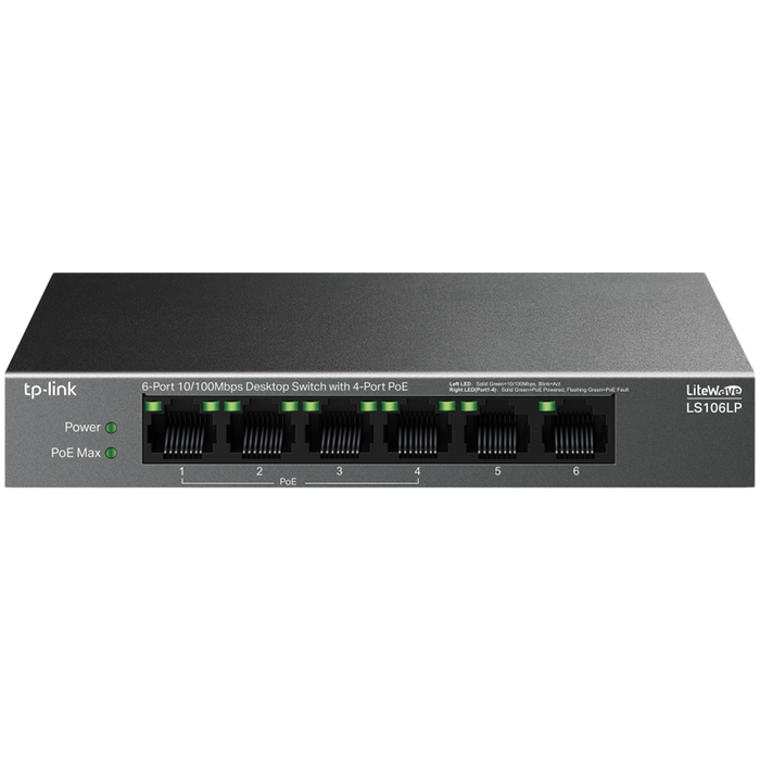 TP-Link LS106LP 6-Port 10/100 Mbps Desktop Switch with 4-Port PoE, 4× 10/100 Mbps PoE Ports, 2× 10 – product photo